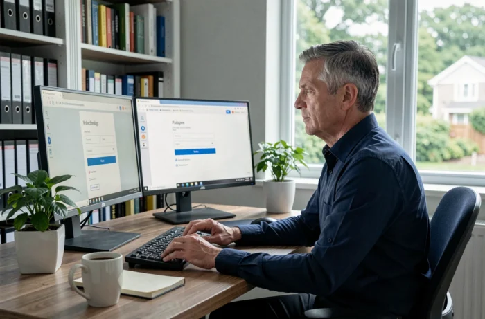 Salarié accédant à son compte Advango depuis un bureau à domicile avec double écran