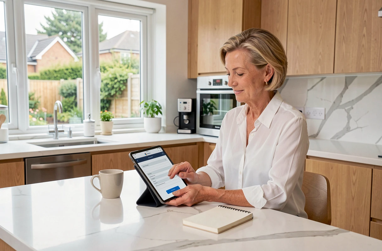 Femme utilisant une tablette pour accéder en toute sécurité à ses résultats d'analyses Biofutur depuis sa cuisine
