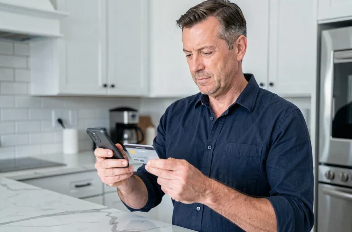 Homme réalisant un achat en ligne sans authentification 3D Secure depuis son smartphone dans une cuisine moderne