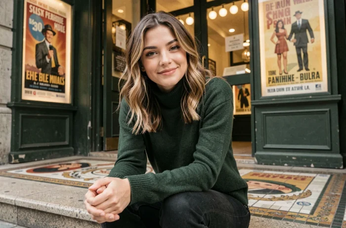 Jeune actrice française assise devant l'entrée d'un cinéma parisien vintage, ambiance documentaire et style naturel