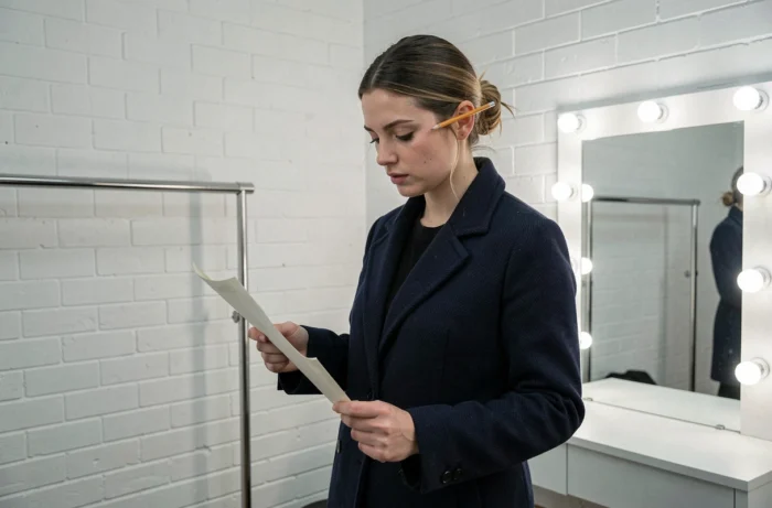 Actrice française en coulisses dans une loge de studio de cinéma, étudiant son script avec concentration et authenticité