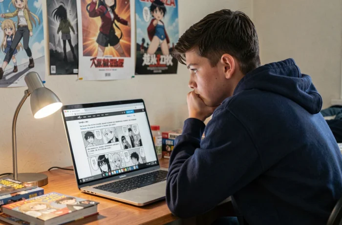 Adolescent lisant des mangas en ligne gratuitement sur son ordinateur portable dans sa chambre