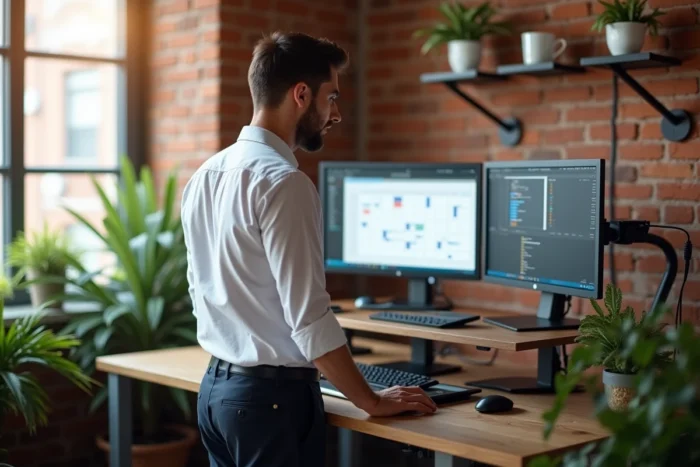 Agent immobilier gérant ses biens depuis un bureau à domicile avec un logiciel de gestion connecté