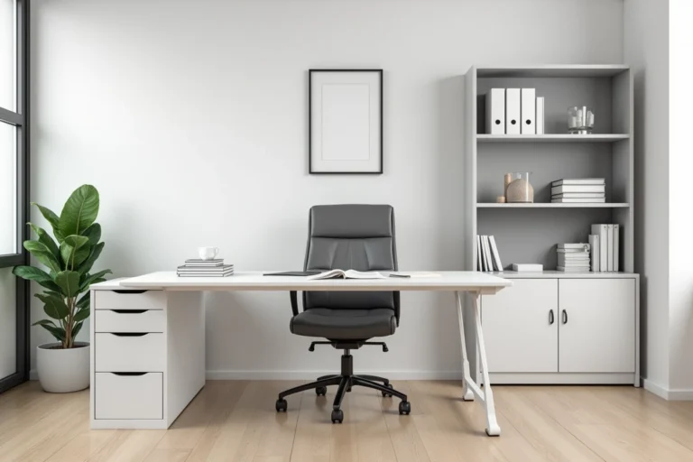 Aménagement d'un cabinet professionnel moderne avec bureau ergonomique, fauteuil directorial en cuir gris et bibliothèque organisée