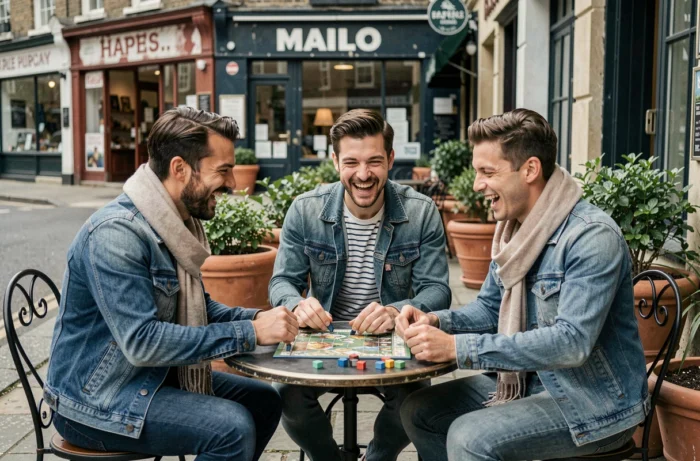 Groupe d'amis jouant à un jeu de société en terrasse de café en ville, idée de loisir convivial au quotidien