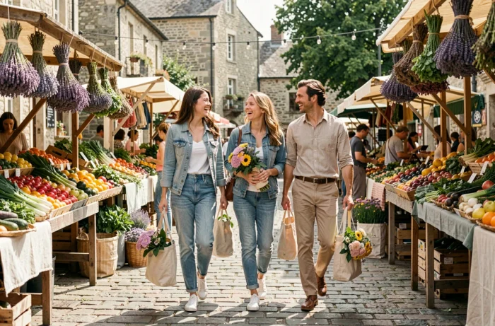 Trois amis souriants faisant leurs courses dans un marché fermier, illustrant un mode de vie sain, joyeux et épanouissant