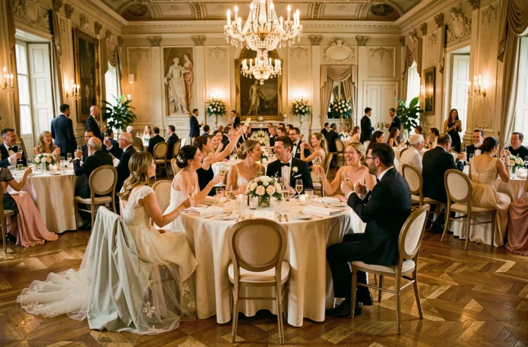 Salle de réception de mariage animée avec des invités joyeux autour de tables décorées, mariés visibles au premier plan
