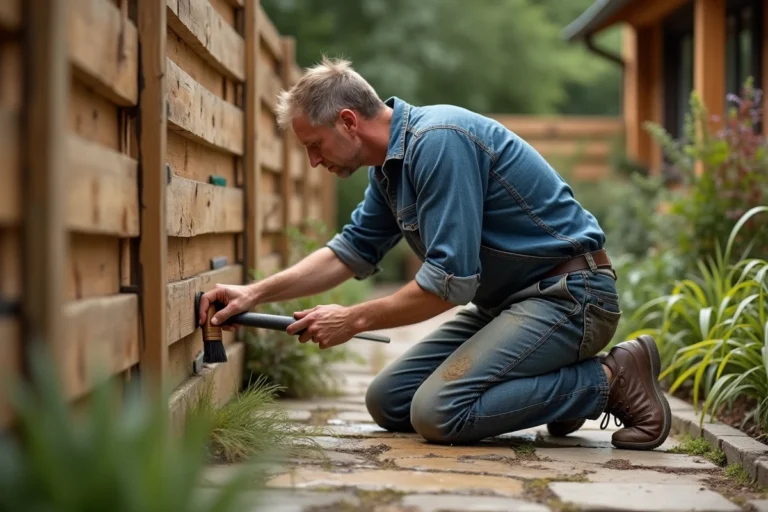 Artisan appliquant une lasure transparente sur une clôture en bois de pin dans un jardin extérieur
