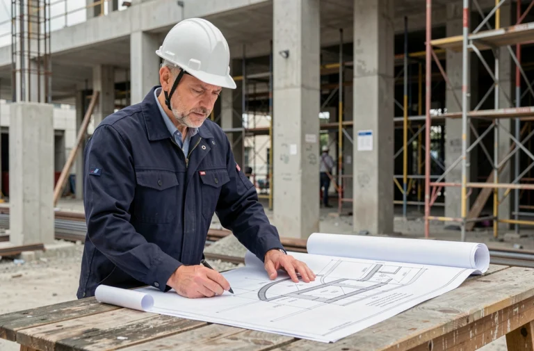 Architecte en tenue de chantier consultant des plans de construction immobilière sur un site urbain actif en 2025