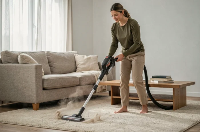 Femme passant l'aspirateur sur un tapis de salon, conseils pratiques pour entretenir sa maison au quotidien