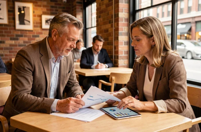 Deux associés examinant des données de valorisation d'entreprise dans un café lors d'une rencontre professionnelle informelle