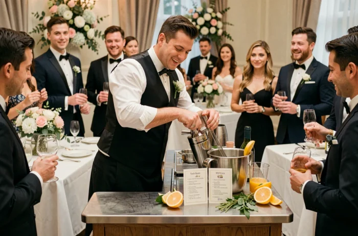 Barman préparant des cocktails à un bar éphémère installé entre deux plats lors d'un repas de mariage