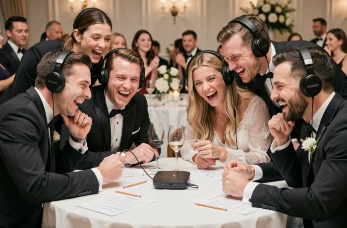 Invités de mariage portant des écouteurs et jouant au blind test musical par tables lors du repas