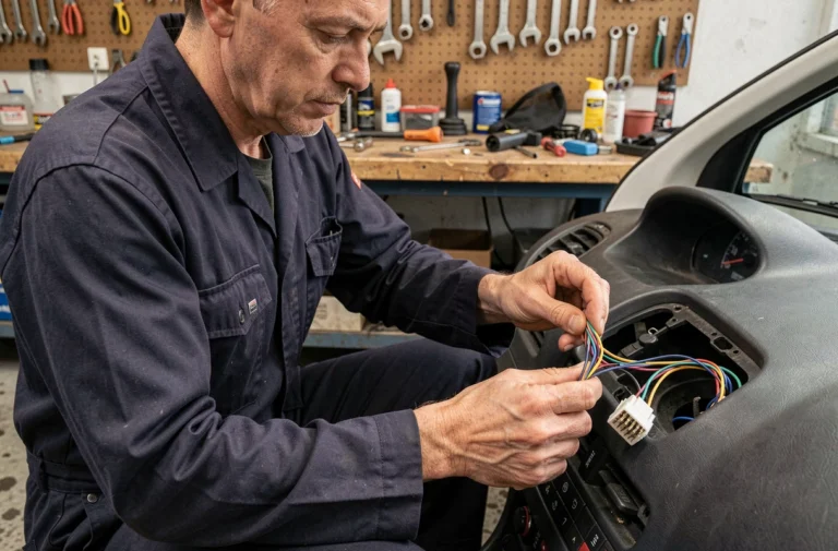 Technicien automobile branchant un connecteur de faisceau électrique dans le tableau de bord d'une Peugeot 206 dans un atelier