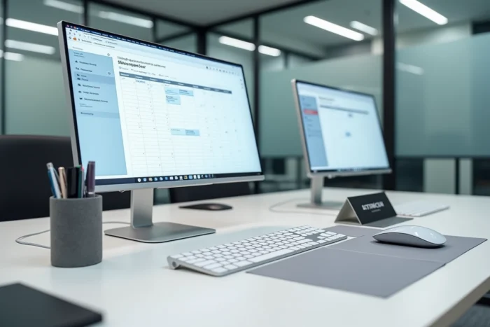 Bureau de consultation professionnelle avec double écran, organisateur de bureau et matériel informatique moderne pour cabinet médical