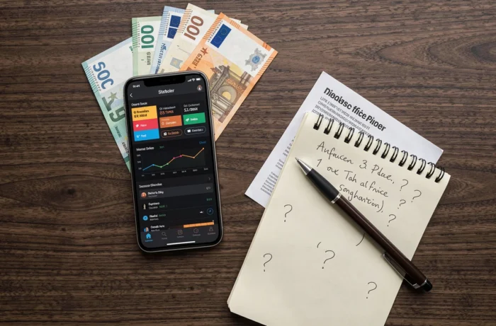 Vue aérienne d'un bureau avec smartphone affichant un tableau de bord financier, billets en euros et documents d'investissement suspects