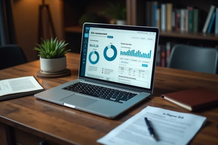 Vue aérienne d'un bureau avec ordinateur portable affichant un tableau de bord de cybersécurité et des documents d'assurance