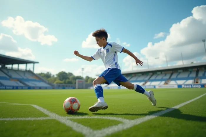 Adolescent en maillot de football blanc et bleu effectuant un tir puissant sur un terrain de foot verdoyant, inspiré de Captain Tsubasa