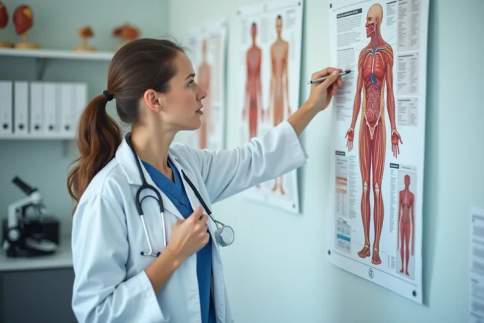 Jeune femme en blouse médicale blanche examinant un poster anatomique du système circulatoire dans un laboratoire médical propre, inspirée de Cells at Work