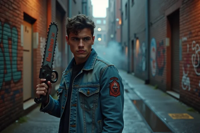 Jeune homme en veste en jean avec patch tronçonneuse dans une ruelle urbaine sombre et industrielle, expression farouche, inspiré de Chainsaw Man
