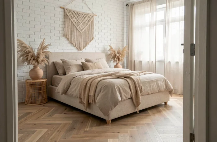 Chambre transformée avec inspiration bohème-scandinave, tête de lit en lin, suspension en macramé et parquet en chêne clair