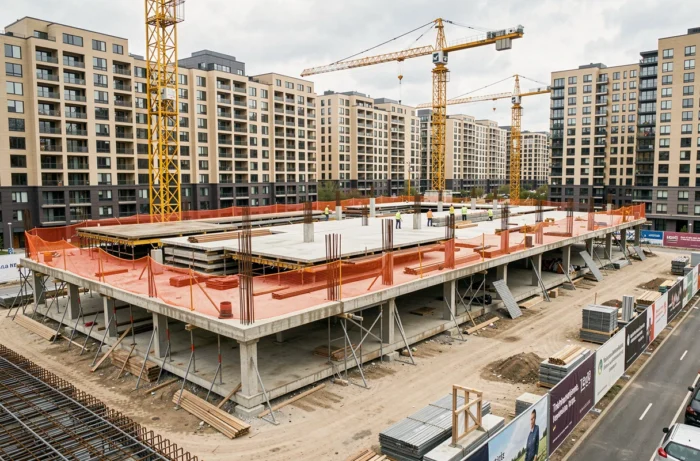 Chantier de construction immobilière urbaine avec grues et structures en béton illustrant l'évolution des prix du bâtiment