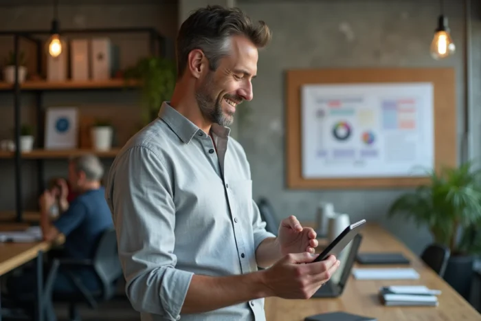 Chef d'entreprise consultant une interface de gestion numérique sur tablette dans un espace de coworking moderne