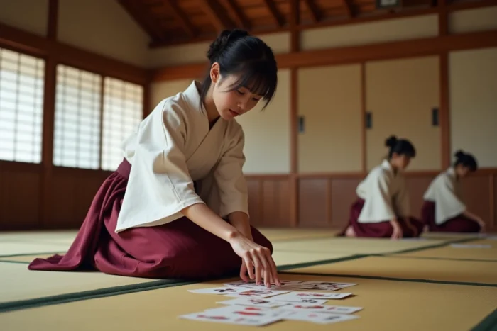 Jeune femme en hakama bordeaux agenouillée devant des cartes karuta éparpillées lors d'un tournoi dans une salle japonaise traditionnelle, inspirée de Chihayafuru