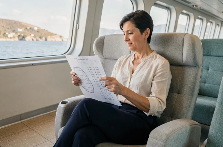 Femme choisissant son emplacement sur un ferry Corsica Ferries avec un plan de pont