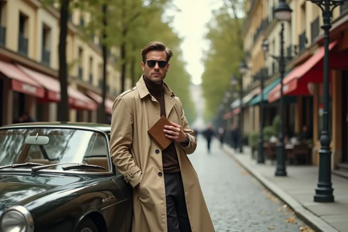 Homme athlétique en trench coat beige et lunettes d'aviateur appuyé contre une voiture de sport rétro sur un boulevard parisien, évoquant City Hunter