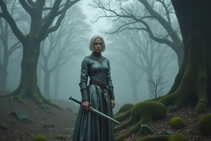 Jeune femme aux cheveux argentés en tenue de guerrière médiévale se tenant au bord d'une forêt brumeuse, regardant au loin avec une expression froide, inspirée de Claymore