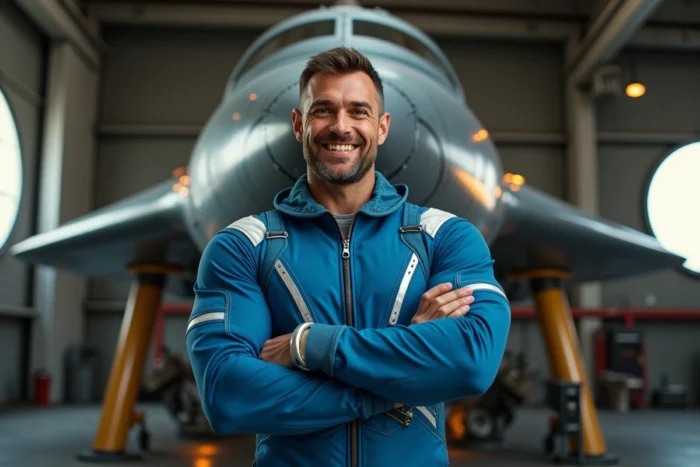 Homme musclé et charismatique en combinaison spatiale bleue rétro-futuriste posant devant un vaisseau spatial vintage dans un hangar métallique industriel, inspiré de Cobra