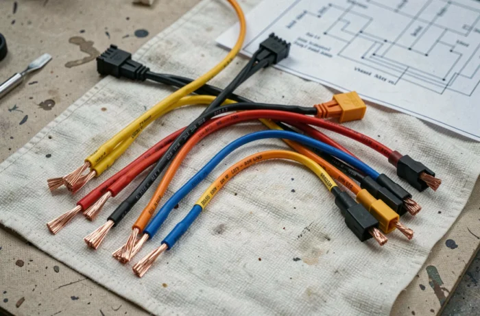 Faisceau de câblage autoradio Peugeot 206 avec code couleur des fils détaillé sur un établi d'atelier