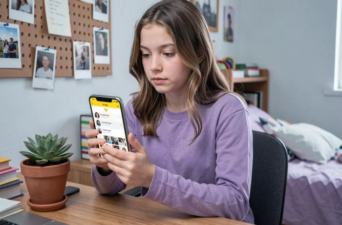 Adolescente dans sa chambre consultant le cœur jaune de son application Snapchat