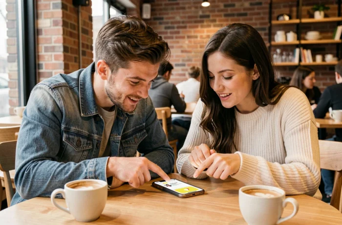 Deux amis dans un café découvrant ensemble la signification du cœur jaune Snapchat