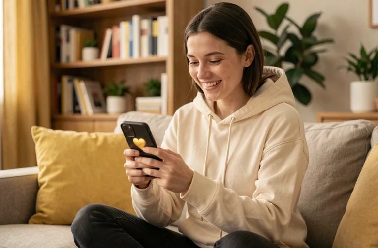 Jeune femme souriante regardant un cœur jaune sur Snapchat depuis son canapé