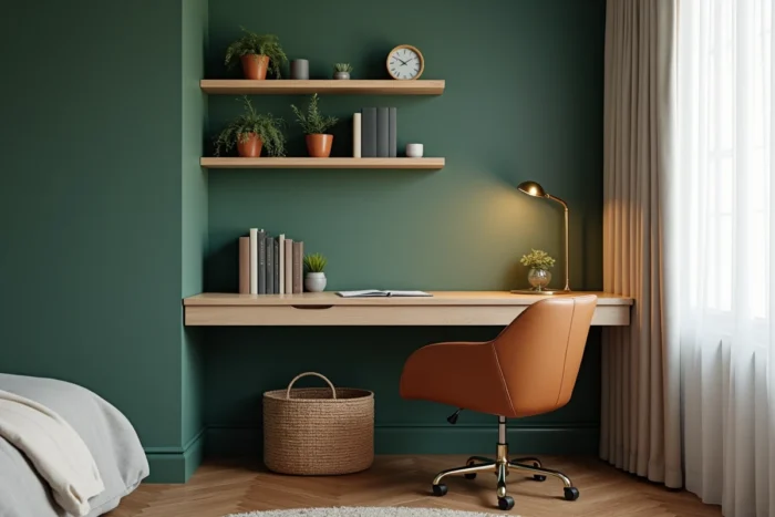 Coin bureau à domicile moderne avec bureau en chêne flotant, mur vert forêt et étagères décoratives en laiton