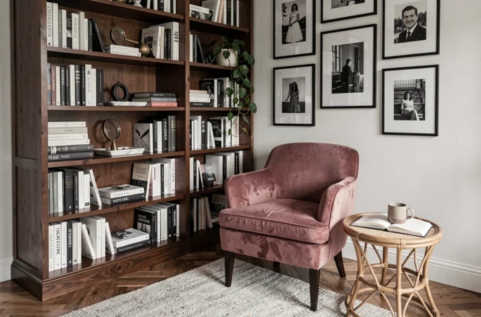 Coin lecture cosy avec fauteuil en velours rose, bibliothèque en bois foncé et galerie de cadres noirs pour une décoration chambre élégante