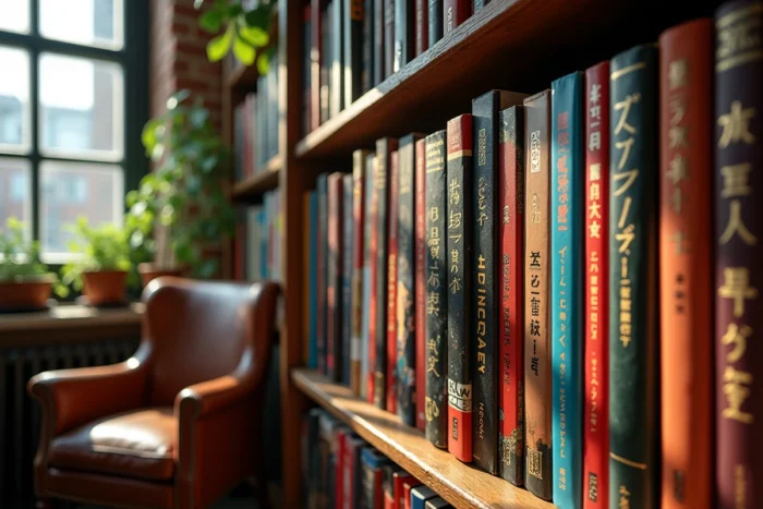 Étagère en bois remplie de volumes de manga japonais aux couvertures colorées et typographie boldée dans une bibliothèque cosy
