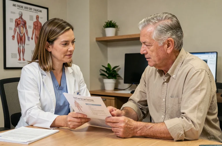Médecin femme discutant avec un patient âgé dans un cabinet médical moderne pour améliorer la communication en santé