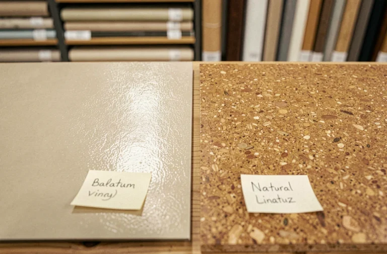 Comparaison de deux échantillons de sol côte à côte : balatum vinylique brillant et linoléum naturel texturé aux tons chauds