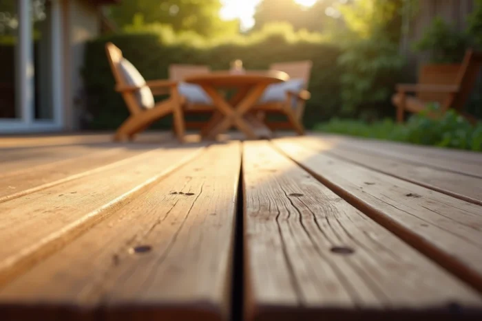 Comparaison côte à côte d'une lame de terrasse en chêne traitée avec un saturateur et une lasure pour bois extérieur