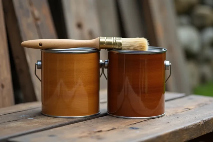 Comparaison visuelle d'un pot de lasure et d'un pot de saturateur pour bois posés sur un établi en bois extérieur