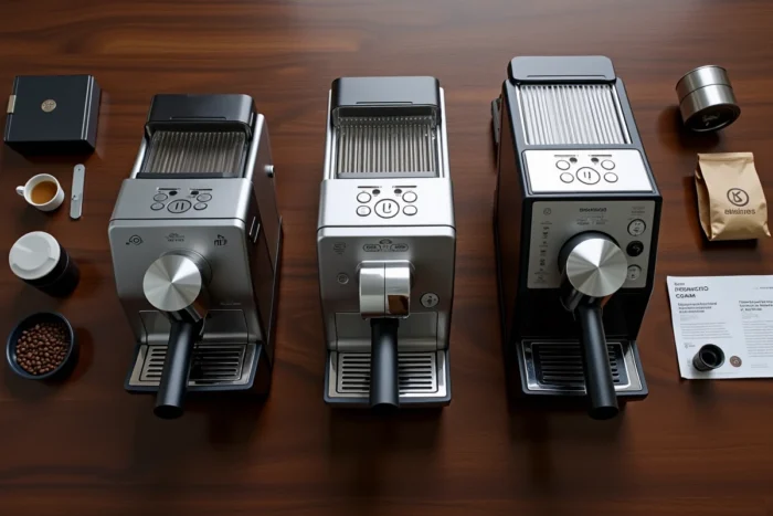 Comparaison de trois machines à expresso posées sur une table en bois avec accessoires de café professionnels