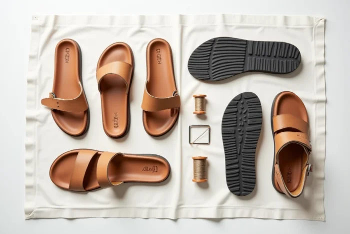 Vue à plat des composants de fabrication d'une chaussure Scholl : semelle, cuir, boucles et matériaux