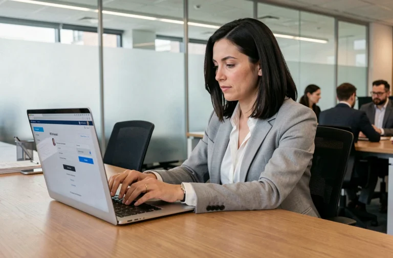 Employée connectée à son espace salarié Advango sur un ordinateur portable dans un bureau moderne