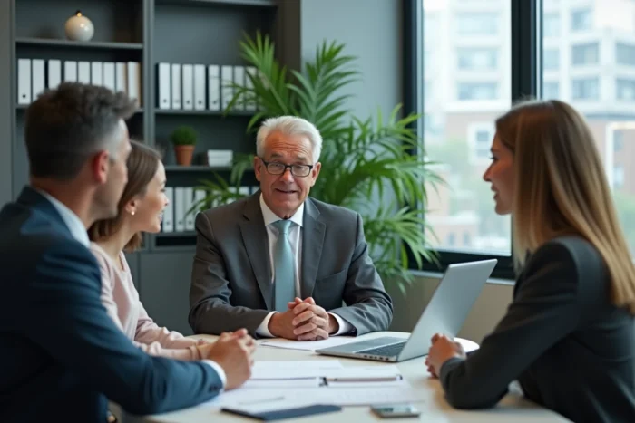 Conseiller en assurance expliquant un contrat à une famille dans un bureau professionnel