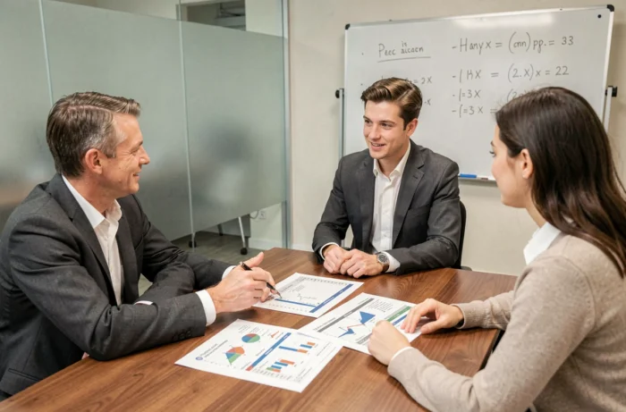 Conseiller financier expliquant un plan d'investissement immobilier à un couple