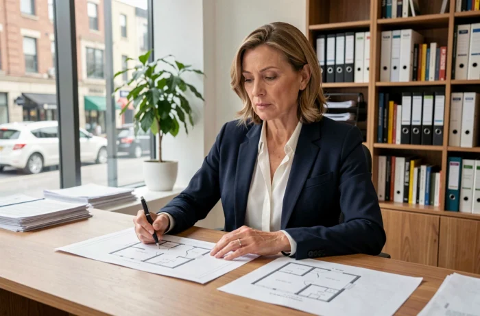 Conseillère immobilière analysant des plans de projet immobilier dans un bureau moderne