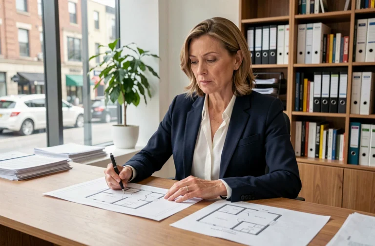 Conseillère immobilière analysant des plans de projet immobilier dans un bureau moderne